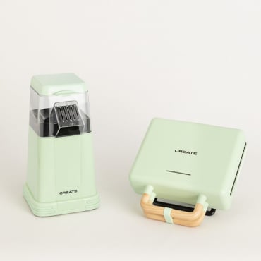 Pack POPCORN MAKER Machine À Pop-corn + STONE STUDIO Double Apparéil À Croque-monsieur, Gril Et Gaufrier Vert Pastel