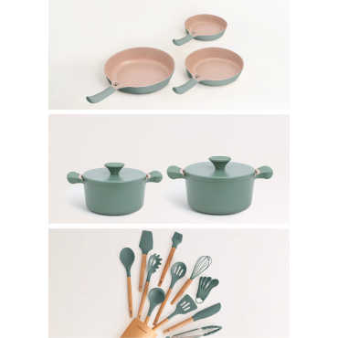 Batteria Da Cucina 3 Padelle PAN STUDIO, 2 Pentole POT STUDIO E Set Di Utensili KITCHENWARE STUDIO Salvia