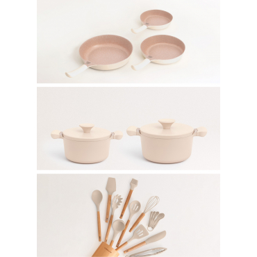 Batteria Da Cucina 3 Padelle PAN STUDIO, 2 Pentole POT STUDIO E Set Di Utensili KITCHENWARE STUDIO Sabbia