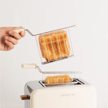 Pack TOAST RETRO Piccolo Tostapane Per Fette Larghe + 2 GRIGLIE CON PINZA Per Toast Bianco Sporco