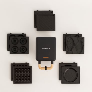 Pack STONE STUDIO Individuale - Tostapane Grill E Macchina Waffle + Piastra Taiyaki + Piastra Pancake + Piastra Ciambelle Nero