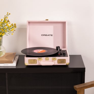 RECORD PLAYER POP - Giradischi Portatile A Valigetta Con Bluetooth USB, SD, MicroSD E MP3 Rosa Pastello