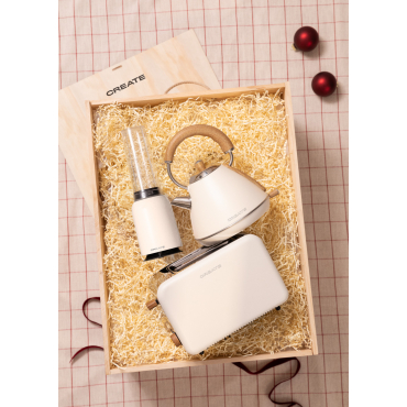 TEA TIME BOX - Confezione Regalo Con Bollitore Elettrico + Tostapane + Frullatore Bianco Sporco