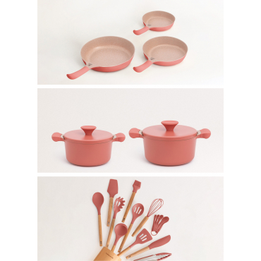 Keukenset 3 KOEkoekenpannen KENPANNEN PAN STUDIO, 2 Kookpannen POT STUDIO En Set Keukenspullen KITCHENWARE STUDIO Terracotta