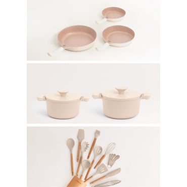 Keukenset 3 KOEkoekenpannen KENPANNEN PAN STUDIO, 2 Kookpannen POT STUDIO En Set Keukenspullen KITCHENWARE STUDIO Zand