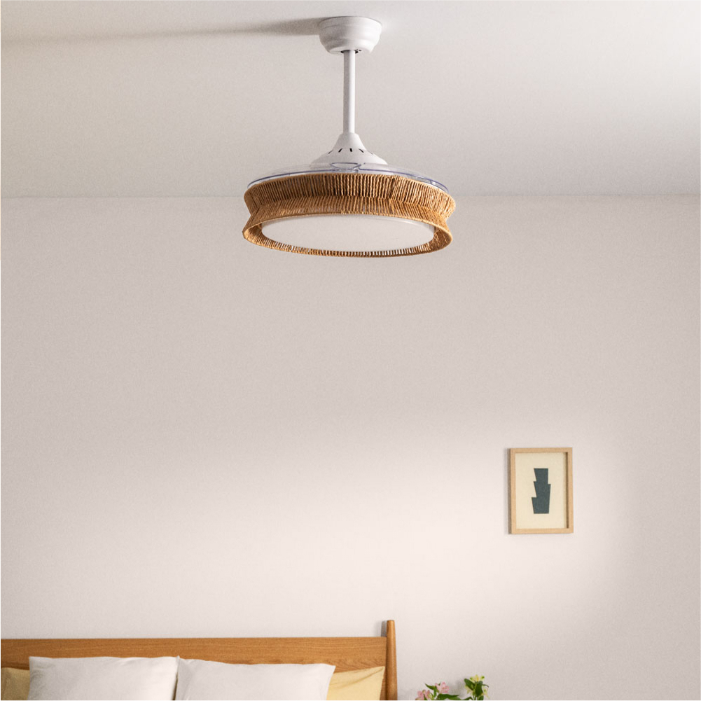 WIND CLEAR RATTAN - Cichy Wentylator Sufitowy O Mocy 40 W Z Wysuwanymi Łopatkami O Średnicy 108cm I Oświetleniem LED 36W Pilot Zdalnego Sterowania By