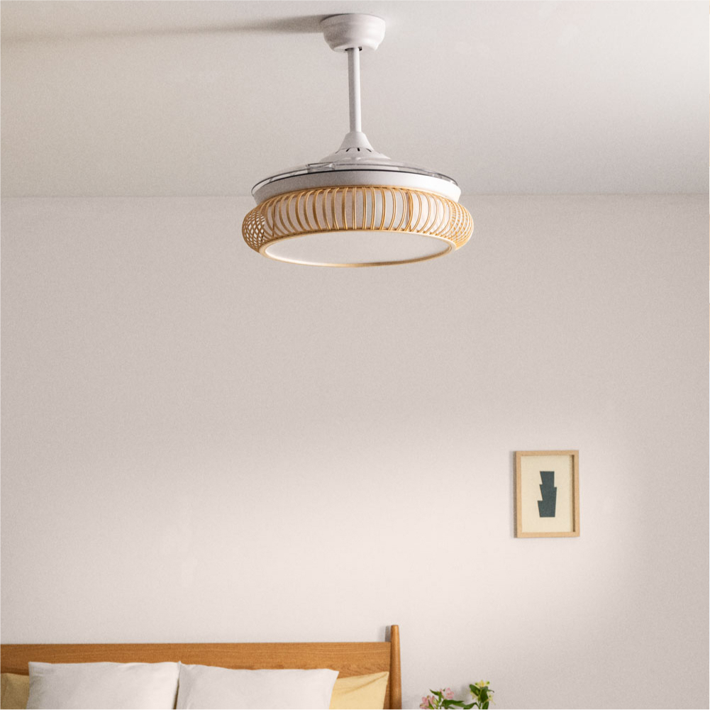 WIND CLEAR RATTAN - Silent ceiling fan 40W Ø108cm retractable blades with 36W LED light Remote control