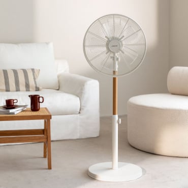 AIR STAND WOOD - Retro-style 50W rotating standing fan White & Natural Wood