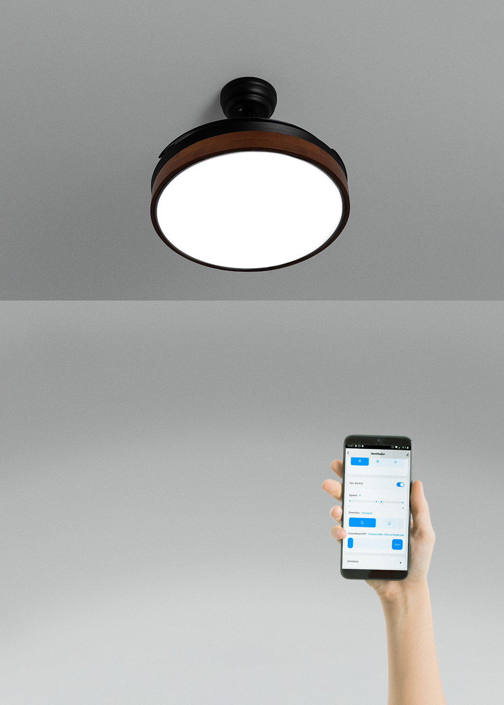 WIND CLEAR - Ceiling fan 40W silent retractable blades with LED light various sizes Dark wood