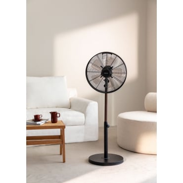 AIR STAND WOOD - 50W Oscillating Retro Style Standing Fan Black
